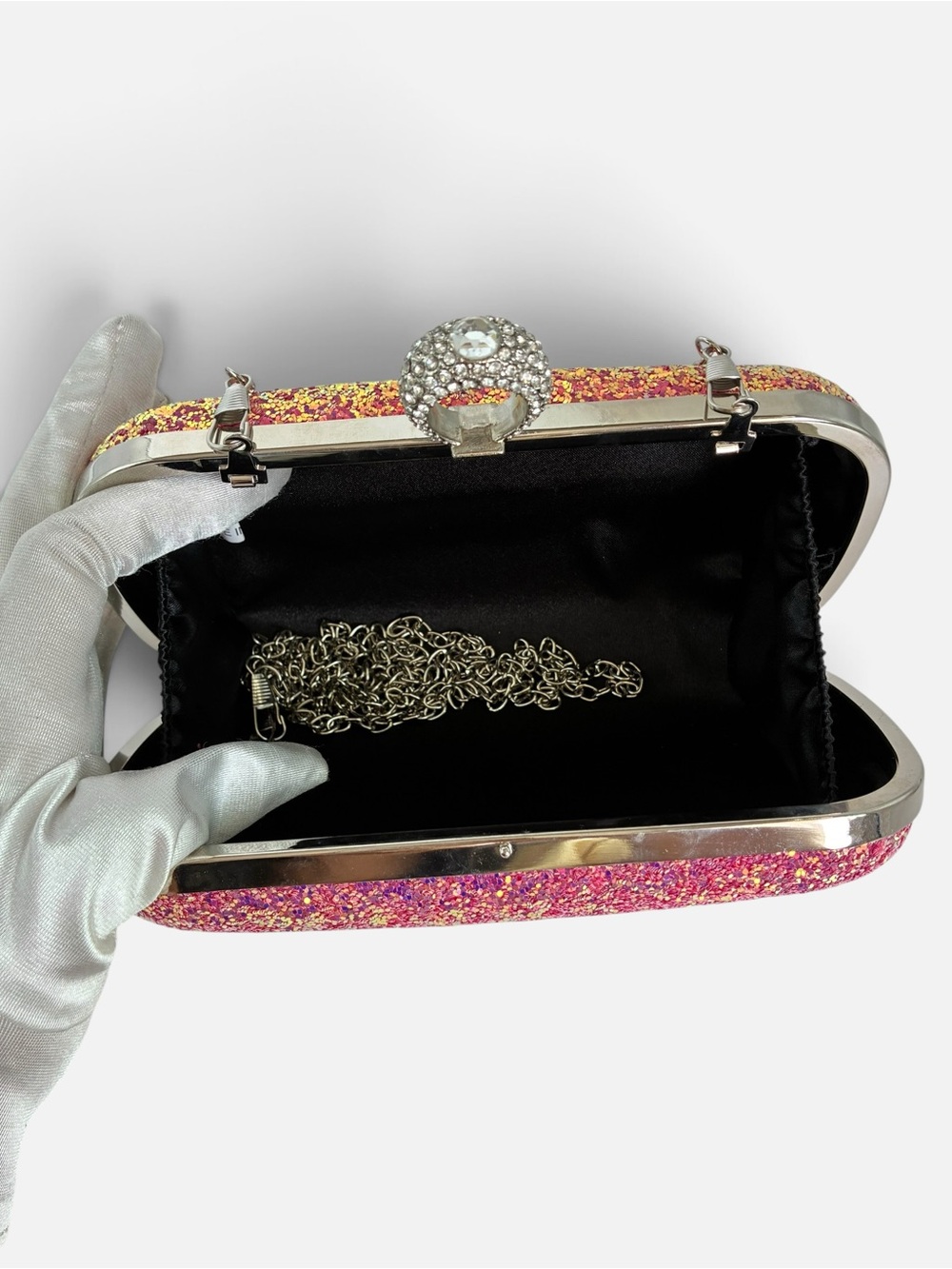 Pink Glitter Ring-Clasp Evening Clutch with Chain - Picture 9 of 9